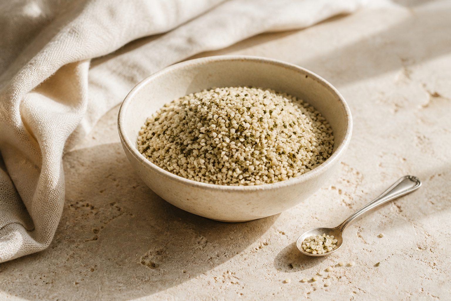 Hemp hearts in an ivory ceramic bowl on sunlit limestone
