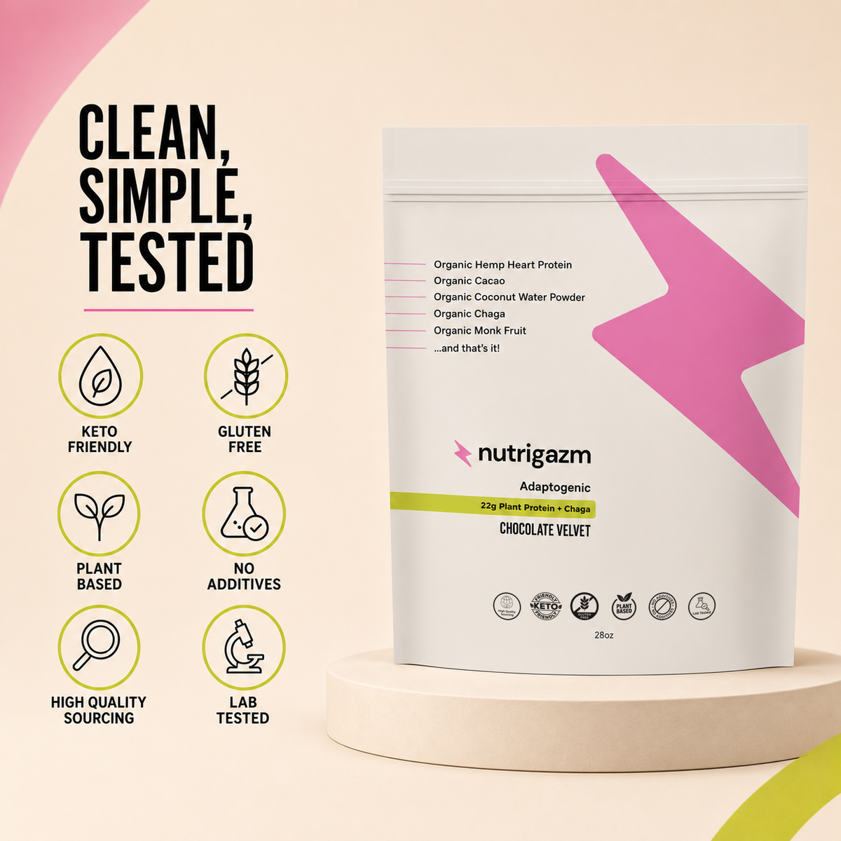Chocolate Velvet pouch with keto-friendly, gluten-free, plant-based, no-additives, high-quality sourcing, and lab-tested callouts