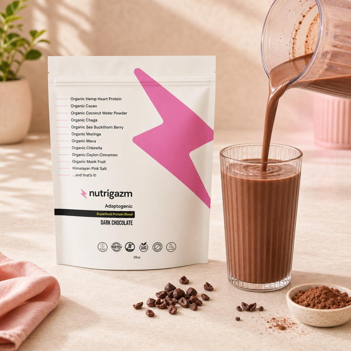Dark Chocolate protein shake being poured beside the Nutrigazm pouch