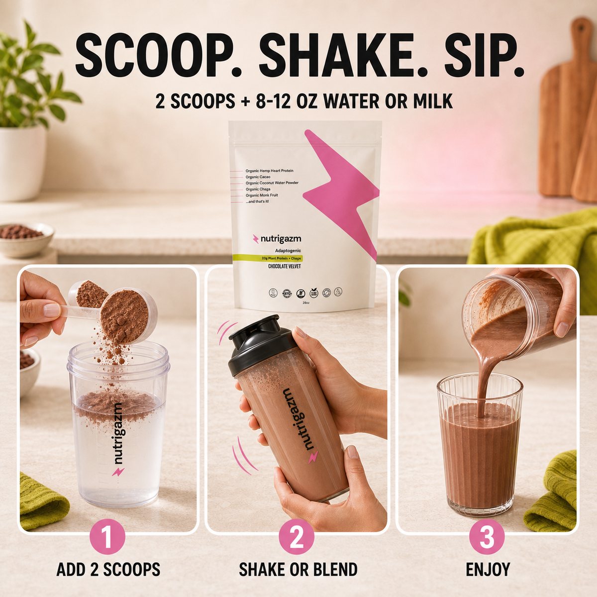 Three-step Chocolate Velvet preparation guide showing two scoops, shaking or blending, and pouring the finished chocolate shake
