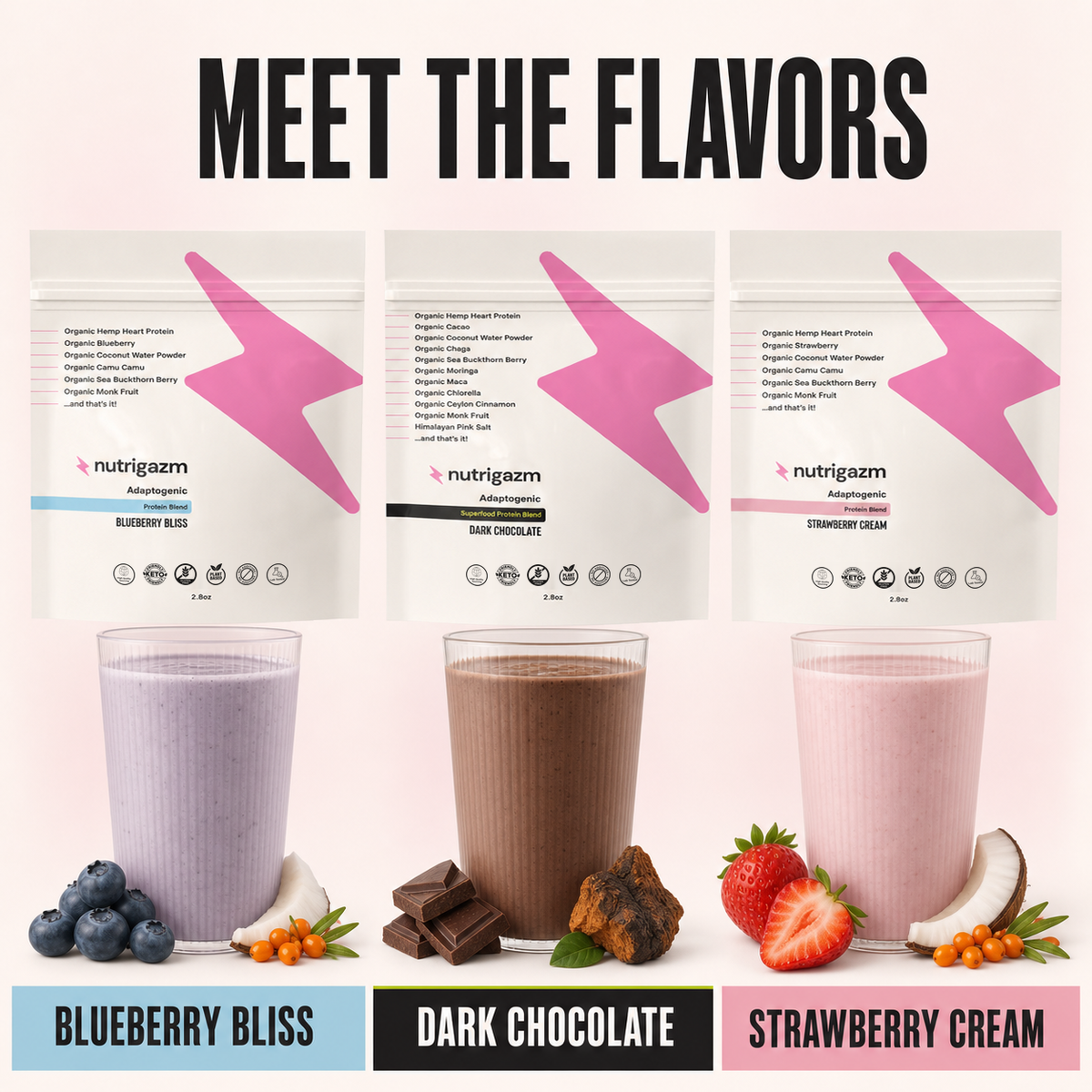 Blueberry Bliss, Dark Chocolate, and Strawberry Cream flavor lineup