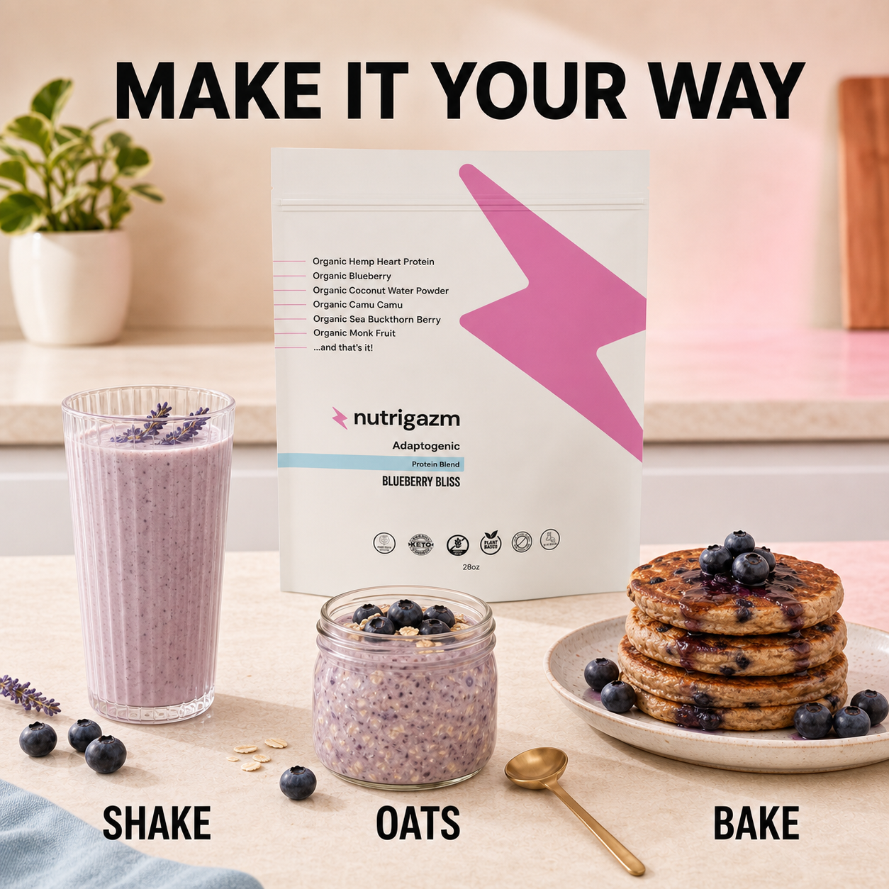 Blueberry Bliss shake, oats, and baking serving ideas