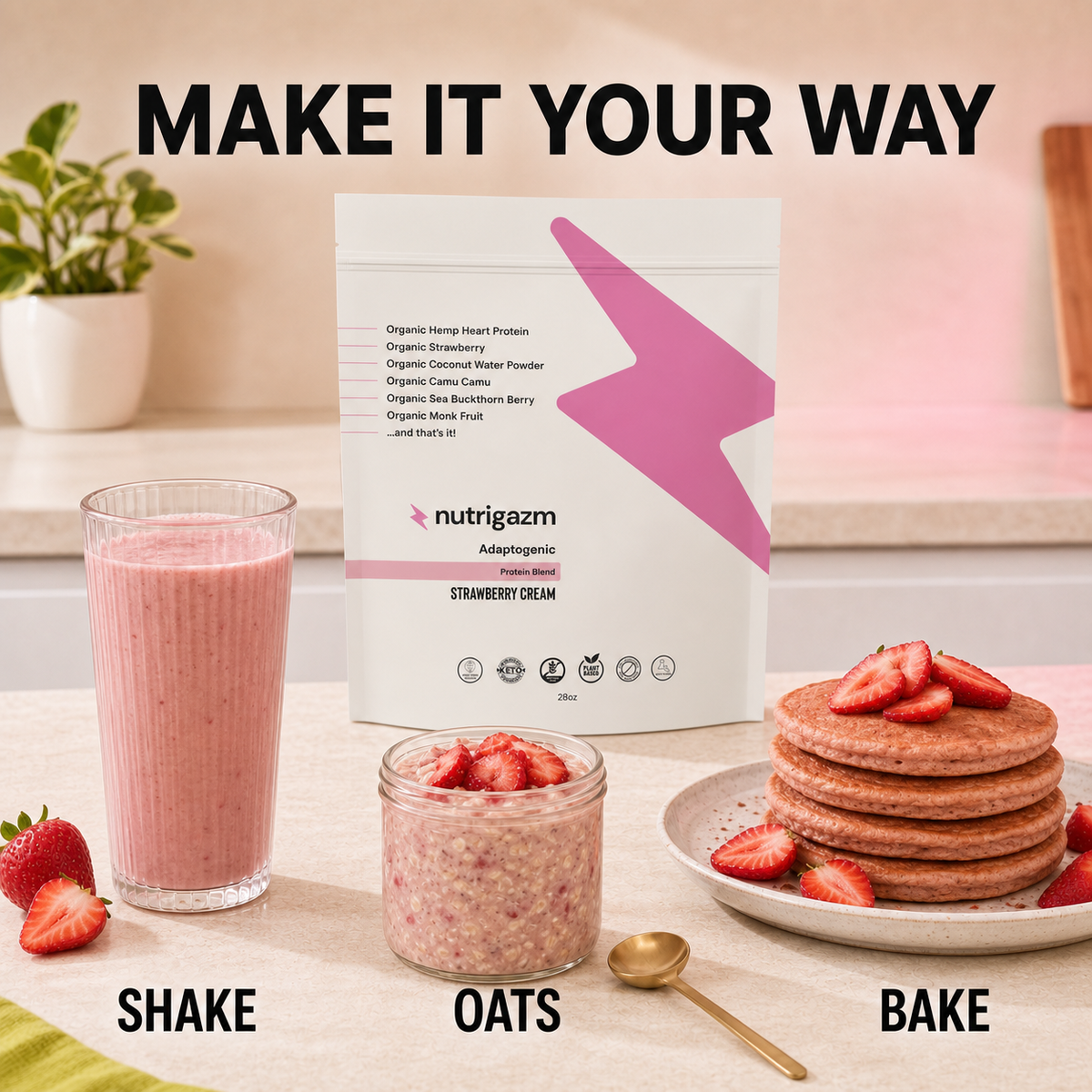 Strawberry Cream shake, oats, and baking serving ideas