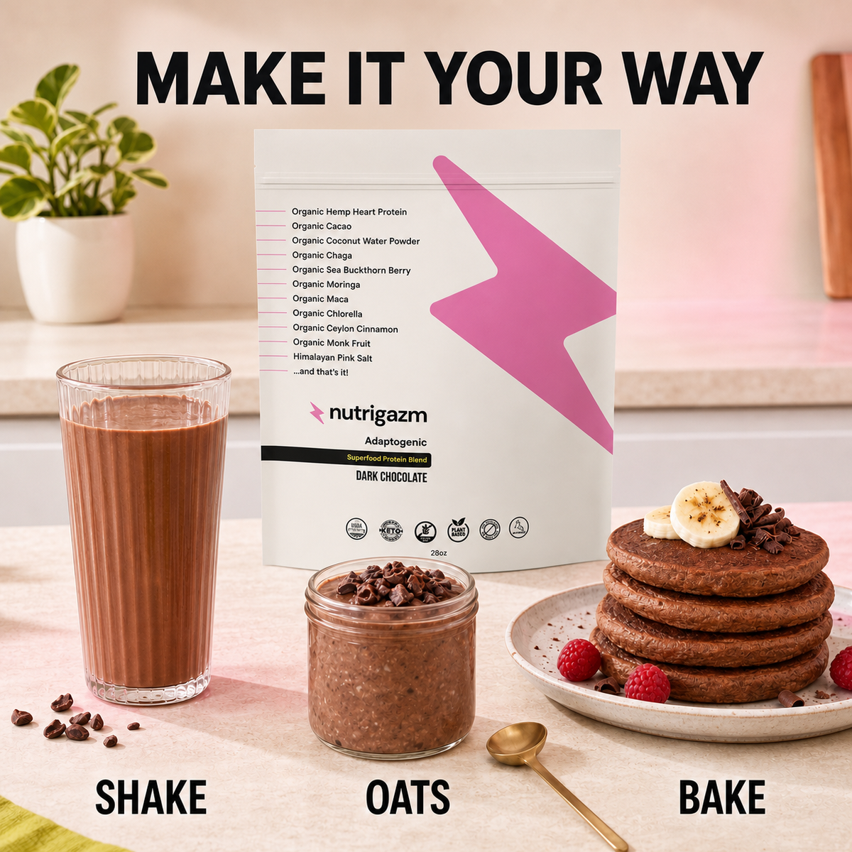 Dark Chocolate shake, oats, and baking serving ideas