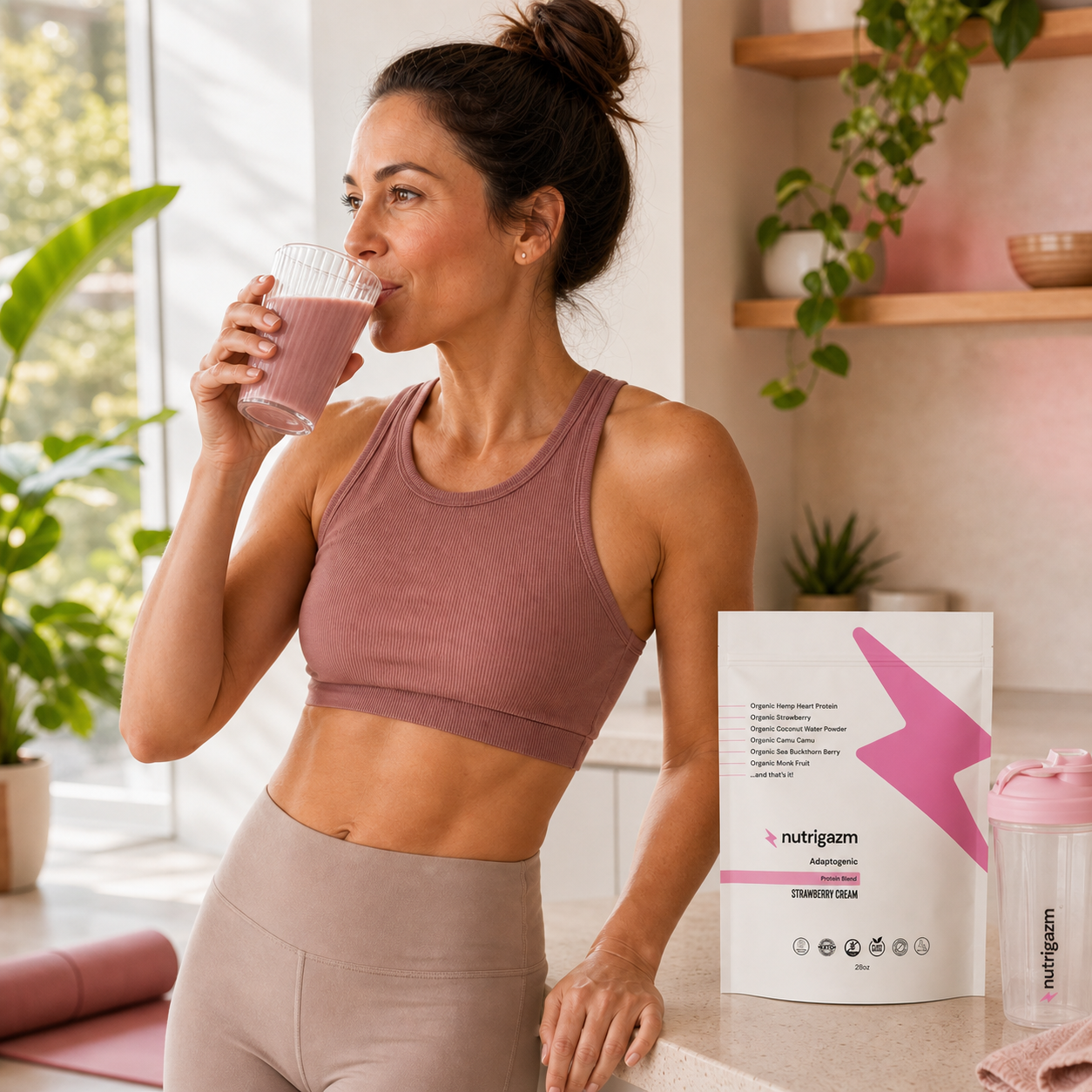 Woman enjoying a Strawberry Cream protein shake after a morning workout