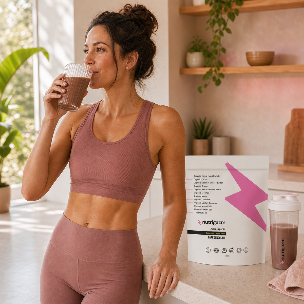 Woman enjoying a Dark Chocolate protein shake after a morning workout