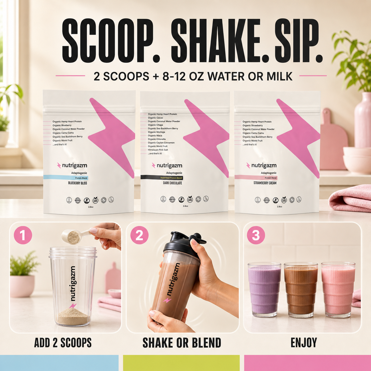 Variety Starter Pack scoop, shake, and sip preparation guide