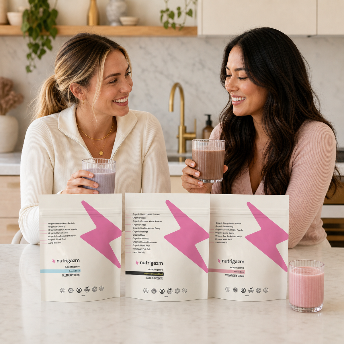 Friends tasting three Nutrigazm protein flavors