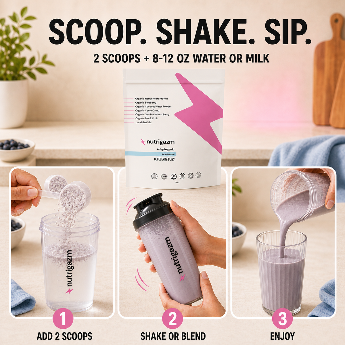 Blueberry Bliss scoop, shake, and sip preparation guide