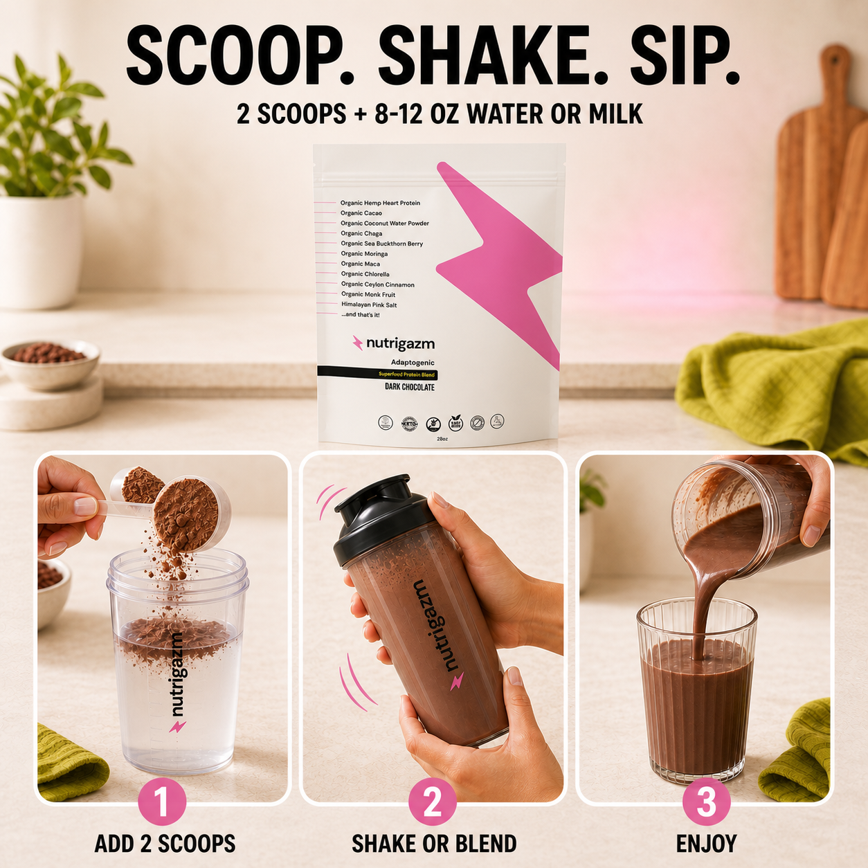 Dark Chocolate scoop, shake, and sip preparation guide