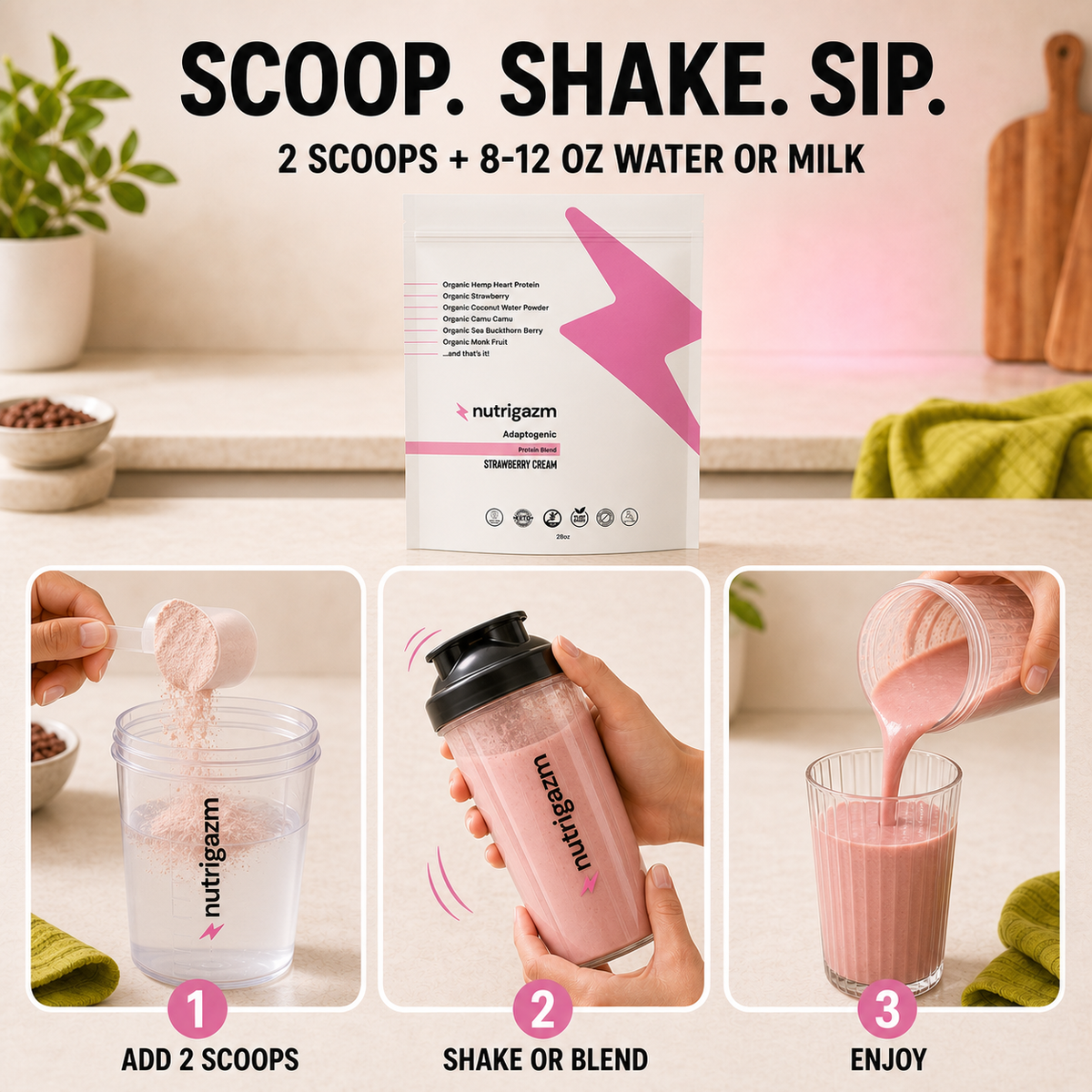 Strawberry Cream scoop, shake, and sip preparation guide