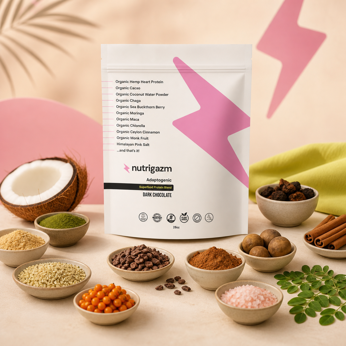 Dark Chocolate ingredients arranged around the Nutrigazm pouch