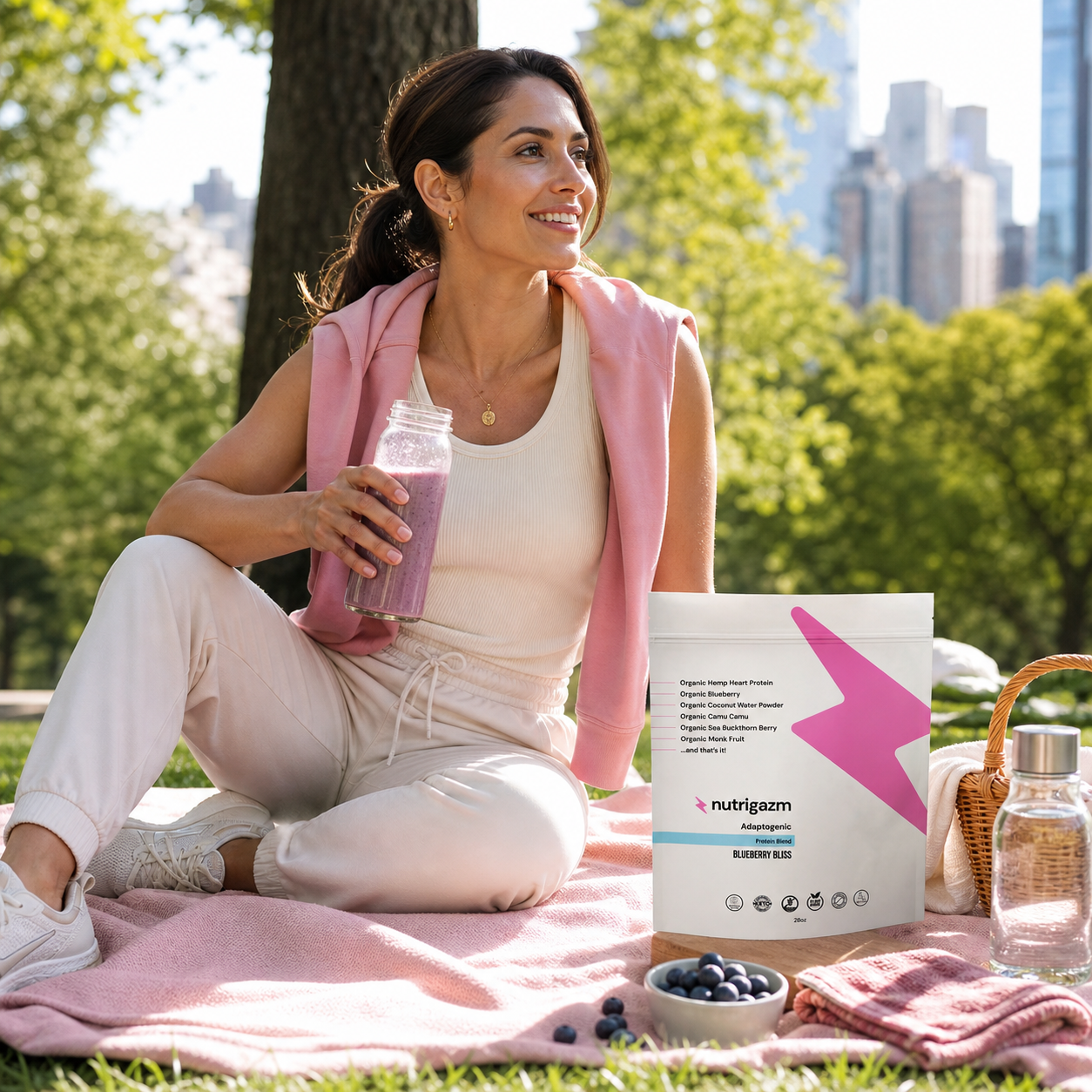 Woman enjoying Blueberry Bliss outdoors after a walk