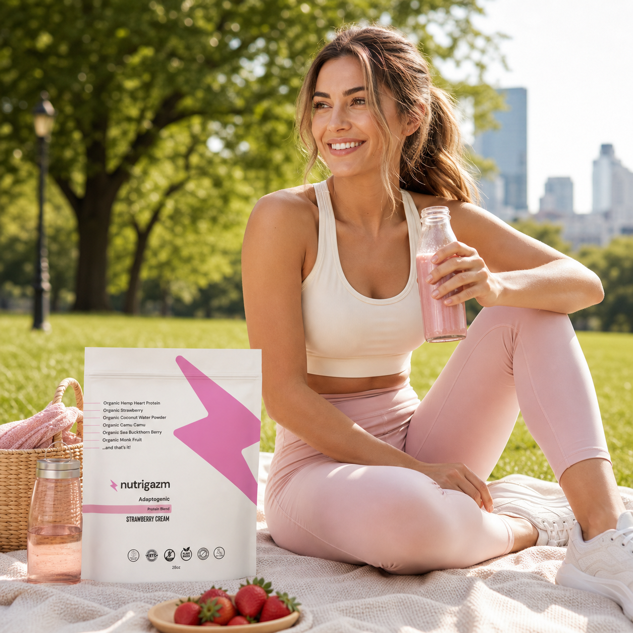 Woman enjoying Strawberry Cream outdoors after a walk
