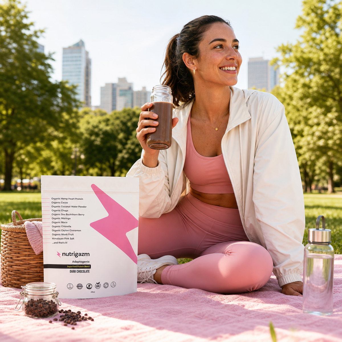 Woman enjoying Dark Chocolate outdoors after a walk