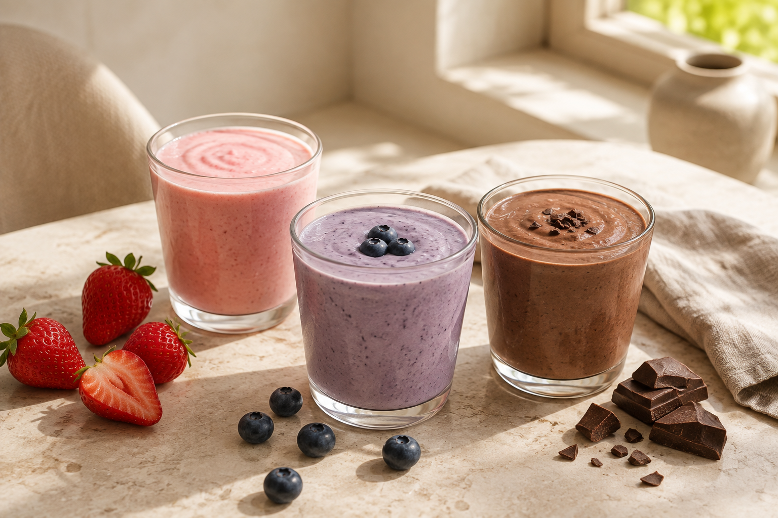 Strawberry, blueberry and chocolate smoothies in natural light