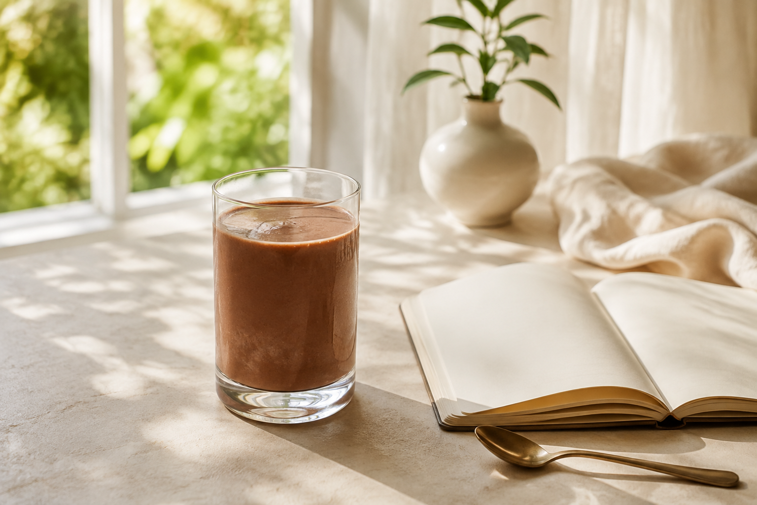 A chocolate smoothie and open notebook in soft morning sunlight