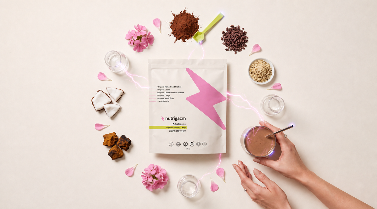 Chocolate Velvet pouch surrounded by its five organic ingredients
