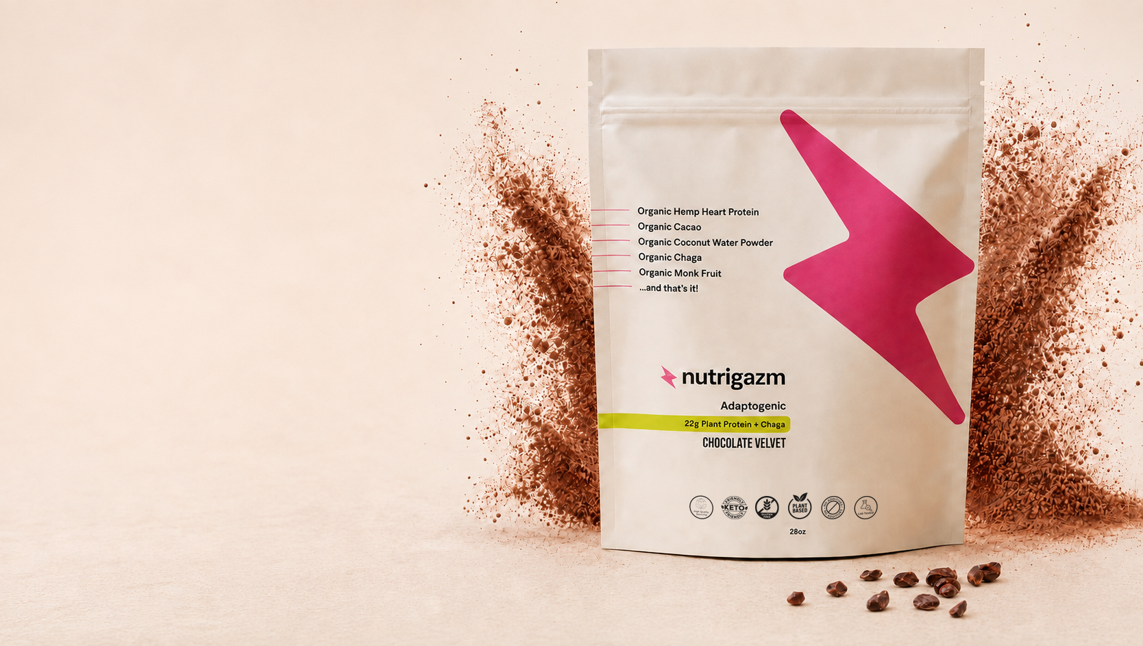 Chocolate Velvet pouch with a pink lightning bolt, surrounded by cacao against a cream studio background.