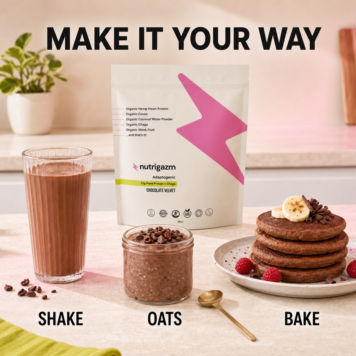 Chocolate Velvet shake, overnight oats, and protein pancakes beside the full-size pouch