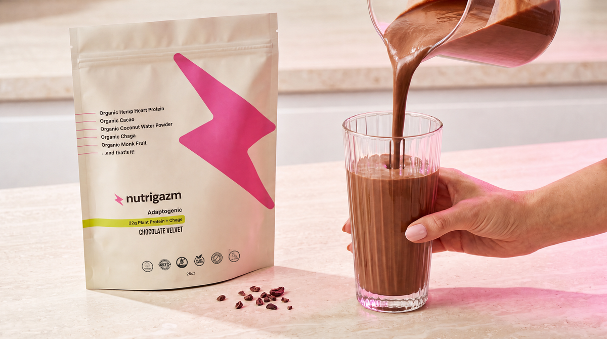 Chocolate Velvet shake being poured beside the pouch