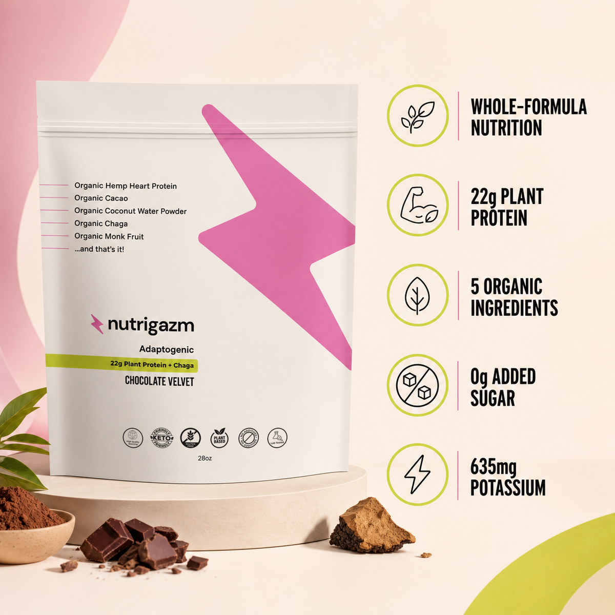 Chocolate Velvet whole-formula nutrition graphic showing 22g plant protein, five organic ingredients, 0g added sugar, and 635mg potassium