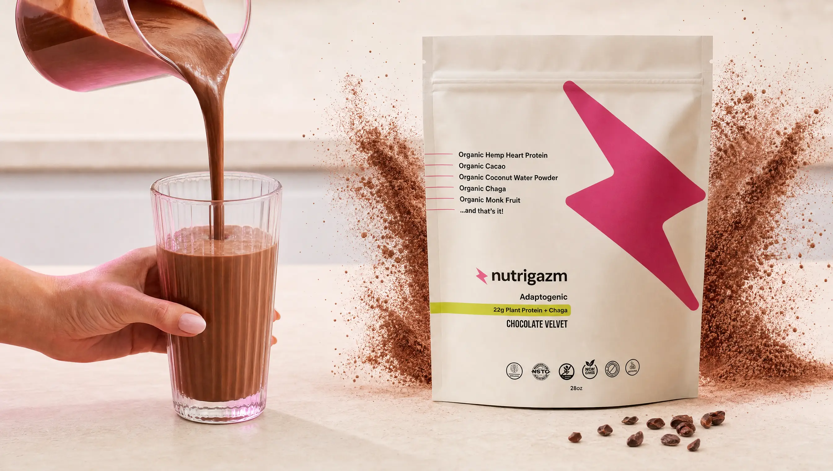 Chocolate Velvet pouch beside a freshly poured chocolate shake, with scattered cacao.
